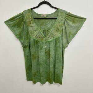 One World Boho Festival Shirt Size 2X Hippie Retro‎ Floral Beaded Top Split Neck